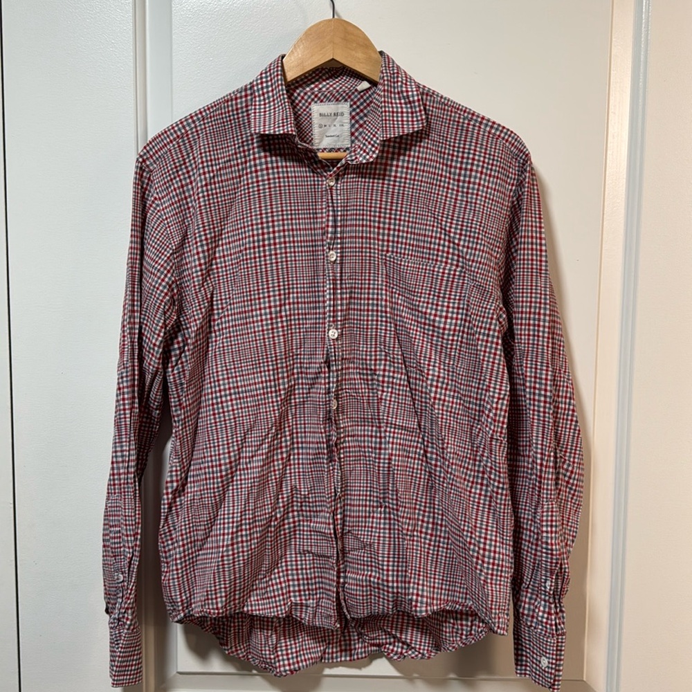 Billy Reid Red white and blue checkered LS front pocket button down, size small